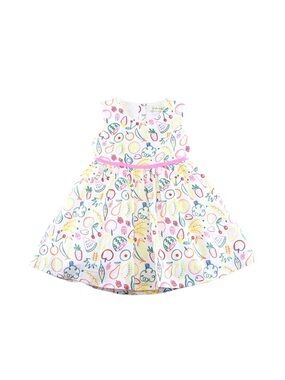 Doe A Dear Girls White Fruit-Print Summer Dress with Pink Waist Trim